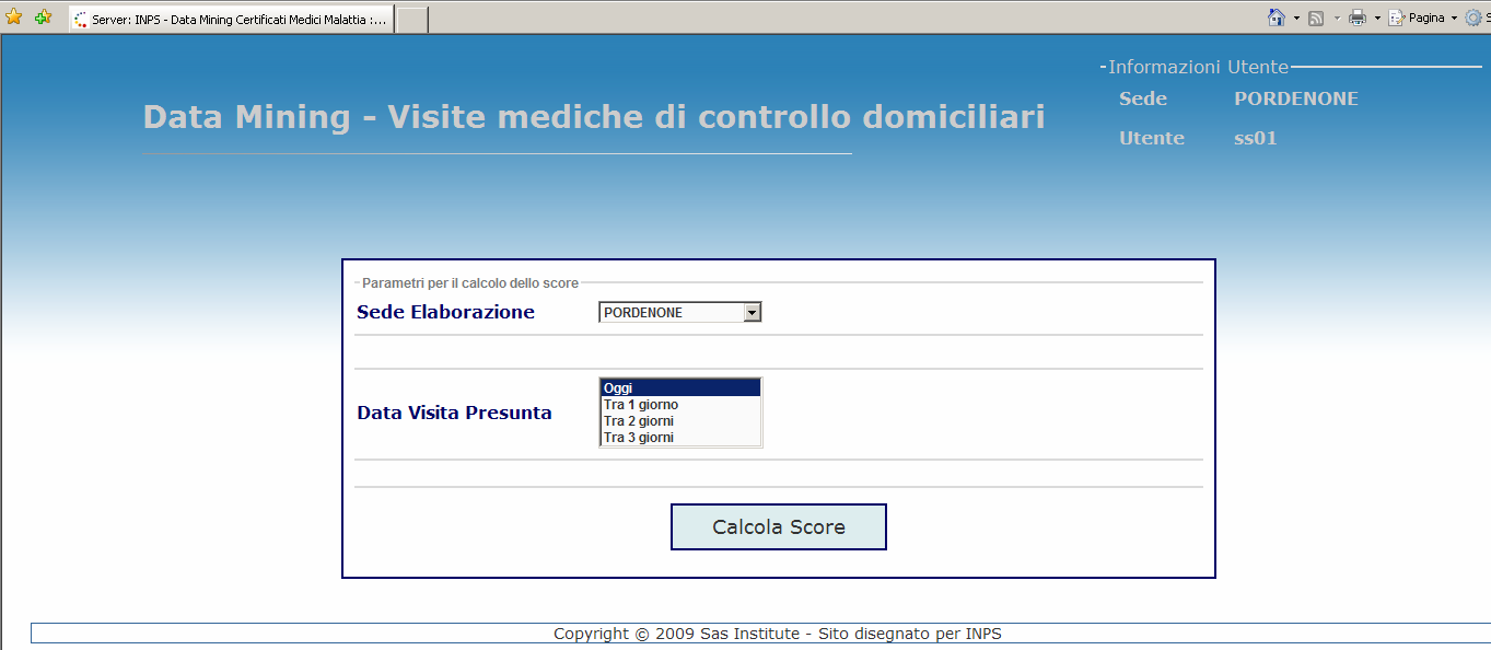 1.4 Calcolo Score La pagina di entrata alla funzione di calcolo score contiene una breve descrizione della funzione e permette tramite l icona l accesso alla funzione Calcolo Score.