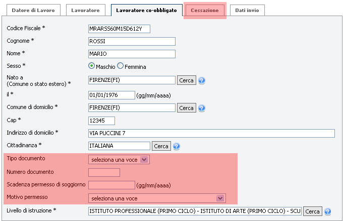 Inserire negli appositi campi i dati del Lavoratore co-obbligato. I campi evidenziati in rosso devono essere compilati solo nel caso di lavoratore extra-comunitario.