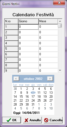 Programmazione via rete Configurazione dei giorni festivi I giorni festivi possono essere configurati selezionando l apposita icona. Apparirà la seguente finestra.