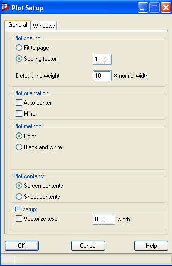 Figura 45. Layout per la stampa. Per la stampa, File > Plot setup, si lascia scaling factor unitario e si setta a 10 il line weight.