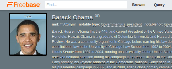 all entità cercata (es. dbpedia.org/page/barack_obama), mentre quelli di Freebase contengono un MID 22, che è quindi indecifrabile (es.www.freebase.com/m/02mjmr).
