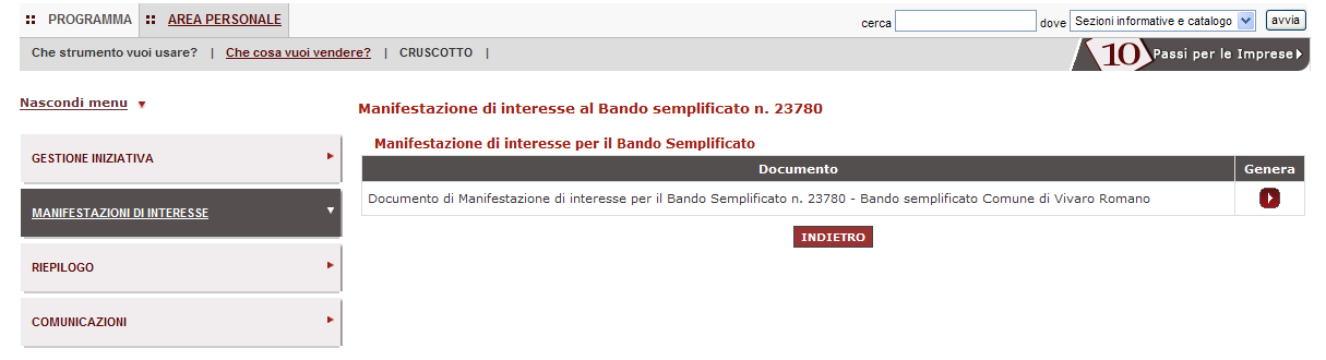 Per generare e visualizzare la Manifestazione di interesse, seleziona la freccia nella colonna Genera.