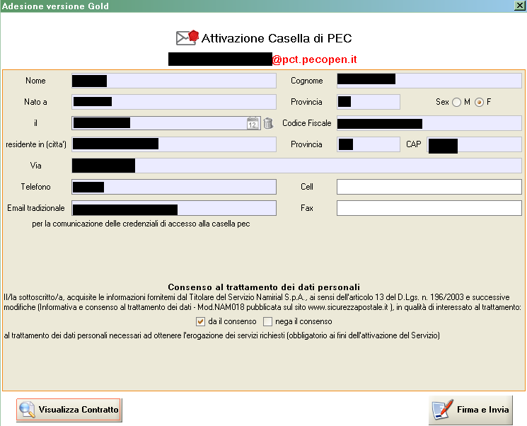 22. Cliccare sul tasto Firma e Invia. 23. Procedere con la firma e l invio del documento successivo relativo all autorizzazione al trattamento dei dati contenuti nelle e-mail di posta certificata. 24.