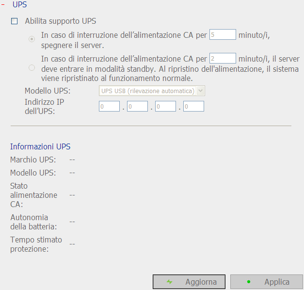 6.4.4 UPS Se c è a disposizione un UPS, si può abilitare il supporto UPS. Nel caso ci sano anomalie nell erogazione di corrente CA, il sistema si spegne in base alle impostazioni.