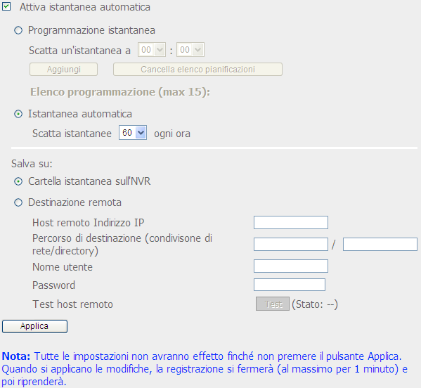 Nota: L'avvio e la terminazione della registrazione manuale non influenza le registrazioni pianificate o le registrazioni allarmi. Queste sono procedure indipendenti.