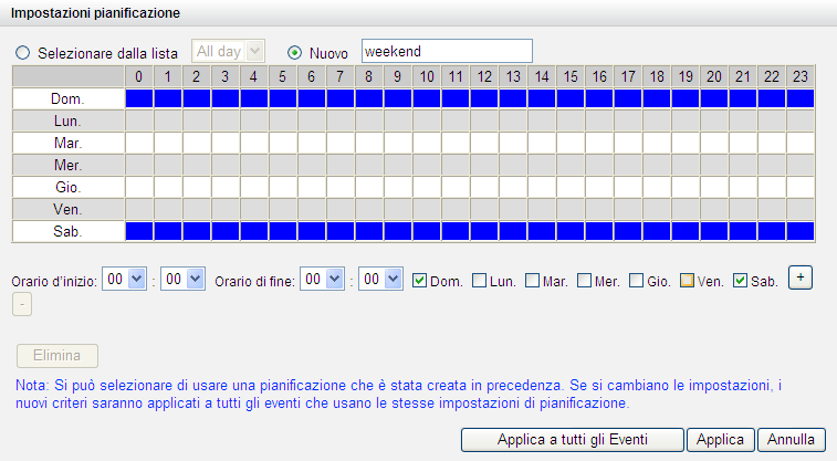 Impostazioni programma evento: Quando viene modificato un evento (non includendo disconnessione di telecamera, eventi NVR ed eventi esterni), è possibile cliccare Imposta il Programma per definire