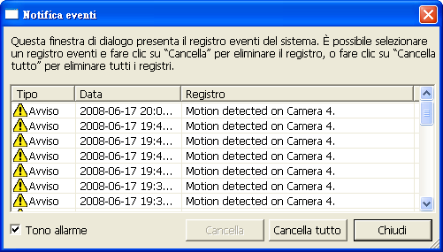 Informazioni: Visualizzare le informazioni di QNAP Surveillance Client. Disconnessione: permette di uscire dalla pagina di monitoraggio.