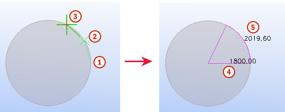 Misurazione degli archi Per misurare il raggio e la lunghezza di un arco: 1. Cliccare su o Utilità --> Misura --> Arco. 2. Selezionare il punto iniziale. 3. Selezionare il punto centrale.