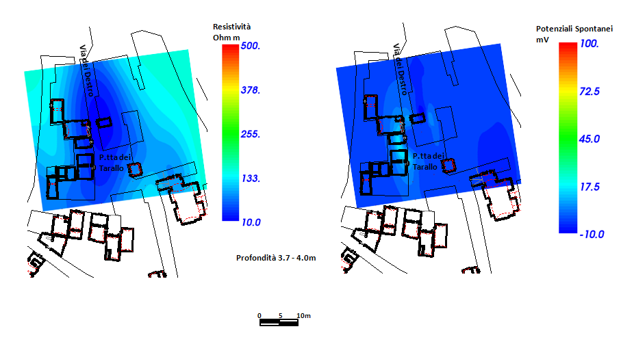 Fig. 9: Modello 3D di distribuzione della resistività e dei potenziali spontanei a profondità comprese tra 2.7 e 3.0m.