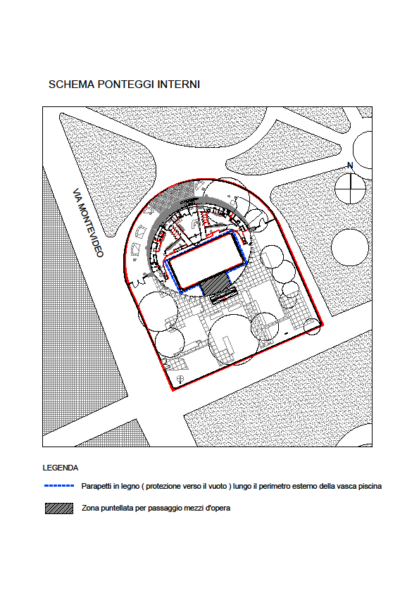 PLANIMETRIA DI CANTIERE INTERNI 1) Nella zona capita èmprevisto un puntellamento per l'istallazione di una rampa per il passagio dei mezzi d'opera.