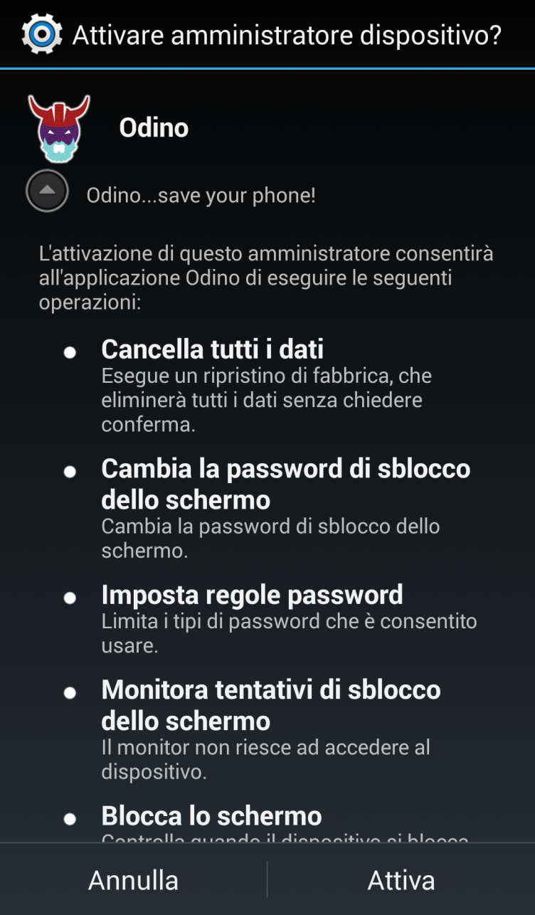 (Wipe Smartphone, Foto LockScreen, Allarme LockScreen, Cambio Password LockScreen).