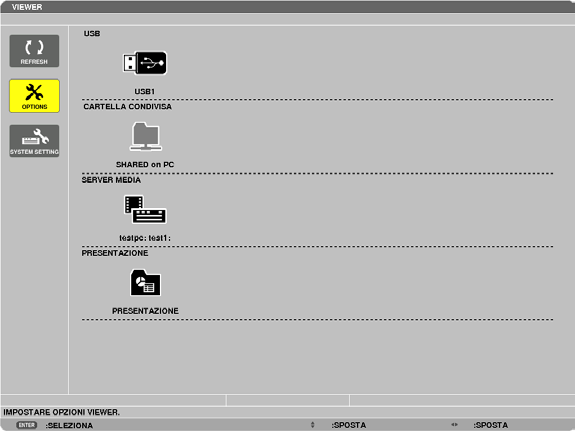 9. Utilizzo del Viewer (Modelli MM) Nomi e funzione della schermata Viewer Il Viewer ha tre schermate: schermata elenco dei supporti, schermata anteprime e schermata presentazione.