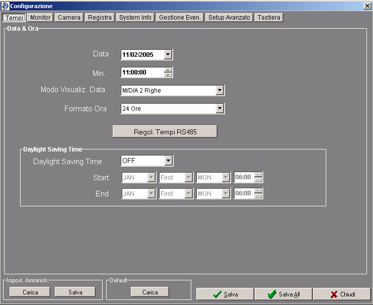 DG500-REMOTE e DG500-ALERT - MANUALE D USO 3.5.1 Configurazione <Tempi> In questo menu è possibile impostare i parametri di data, ora, visualizzazione data, formato ora e regolazione tempi della seriale RS485.