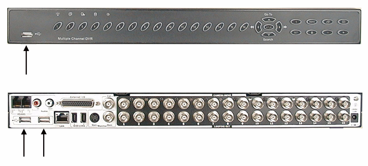 MANUALE D USO - DG500-REMOTE e DG500-ALERT Pannello frontale (in alto) e posteriore (in basso): USB Port number: seleziona la porta USB del DVR che si desidera utilizzare. Stringhe Iniz.