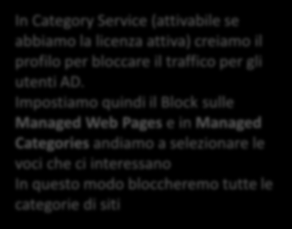 Category Service In Category Service (attivabile se abbiamo la licenza attiva) creiamo il profilo per bloccare il traffico per gli utenti AD.