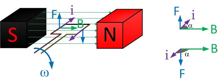 La rotazione prosegue e la spira si trova ora in posizione verticale. In questa condizione la forza si trova ad essere allineata con il campo magnetico.