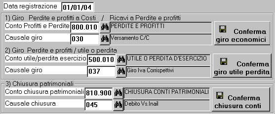 139 Win-Coge 1) Giro perdite e profitti a diversi (conti economici di costo) Giro diversi (conti economici di ricavo) a perdite e profitti Inserire data registrazione, conto, causale e premere