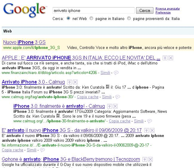 Questo è il risultato che Google Italia (e, dunque, non la rete mondiale) ha dato inserendo nel campo di ricerca la frase: