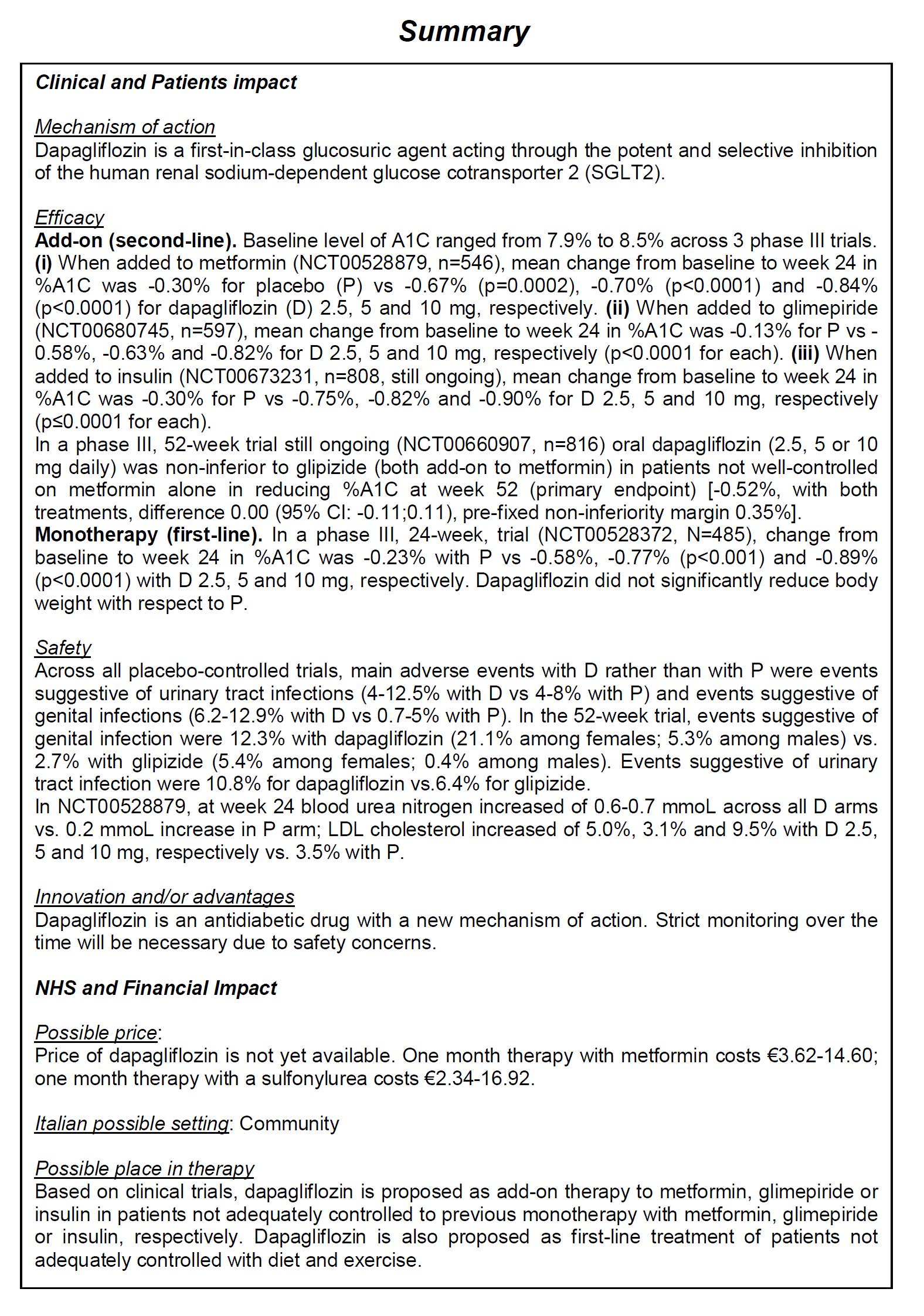 Efficacy New Product Information Report DAPAGLIFLOZIN Type-2 Diabetes Mellitus Safety PG: