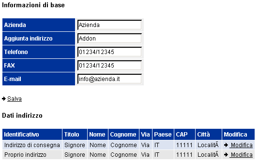 1.2.5 Crea indirizzi per ordini, consegne e fax Indirizzi rivenditori Cliccare su Indirizzi rivenditori per definire l indirizzo del proprio rivenditore.