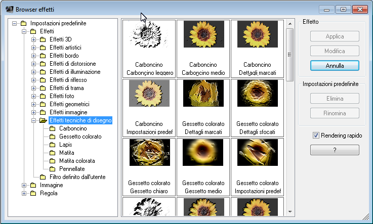 Le miniature consentono di visualizzare l'anteprima e di scegliere gli effetti.
