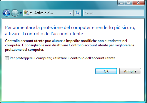 CONFIGURAZIONE CONSIGLIATA PER O.S. VISTA Per una corretta installazione di Atlas su sistemi operativi Windows Vista, si consiglia di disattivare la funzionalità Controllo Account Utente.