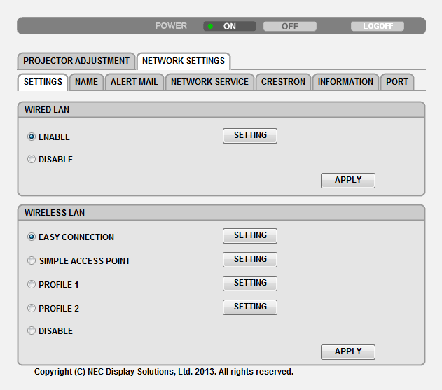 3. Funzioni utili IMPOSTAZIONI DI RETE SETTINGS WIRED o WIRELESS SETTING APPLY DHCP ON DHCP OFF IP ADDRESS SUBNET MASK GATEWAY AUTO DNS ON AUTO DNS OFF Impostare per LAN cablata o wireless.