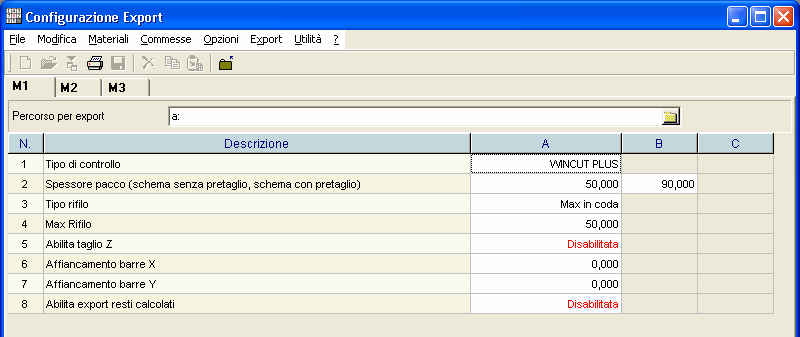 export programmi Parametri Macchina La funzionalità è accessibile dalla voce Parametri macchina del menu Export e consente di programmare i dati di configurazione dei parametri di export.