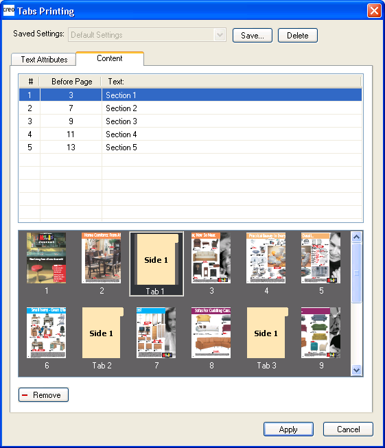 Stampa di schede tramite il plug-in schede di Creo Color Server per Acrobat 97 Contenuto # Prima della pagina Testo Area delle anteprime Rimuovi Il numero della scheda.