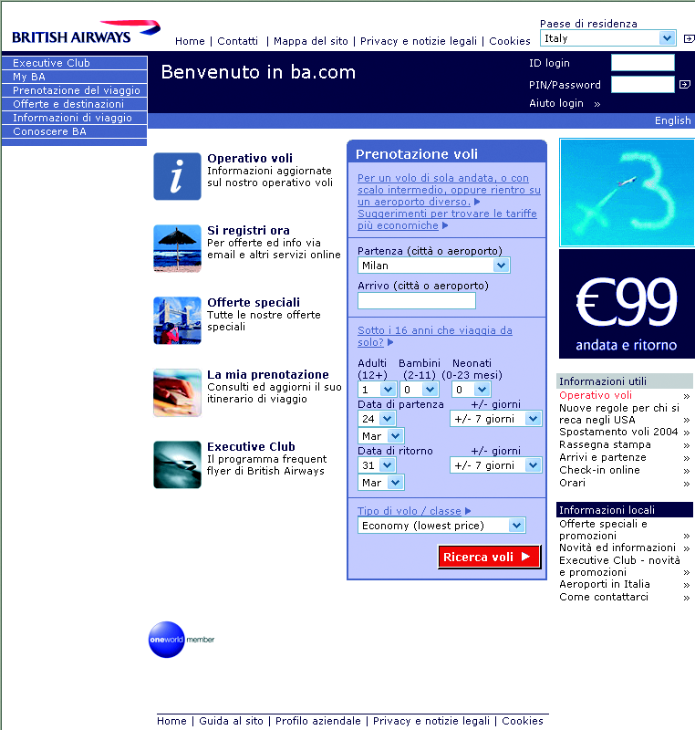 FIGURA 3.23 La home page di www.britishairways.com nella versione italiana.