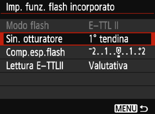 3 Impostazione del flashn [Imp. funz. flash incorporato] e [Imp. funz. flash esterno] Con [Imp. funz. flash incorporato] e [Imp. funz flash esterno], è possibile impostare le funzioni riportate nella tabella seguente.