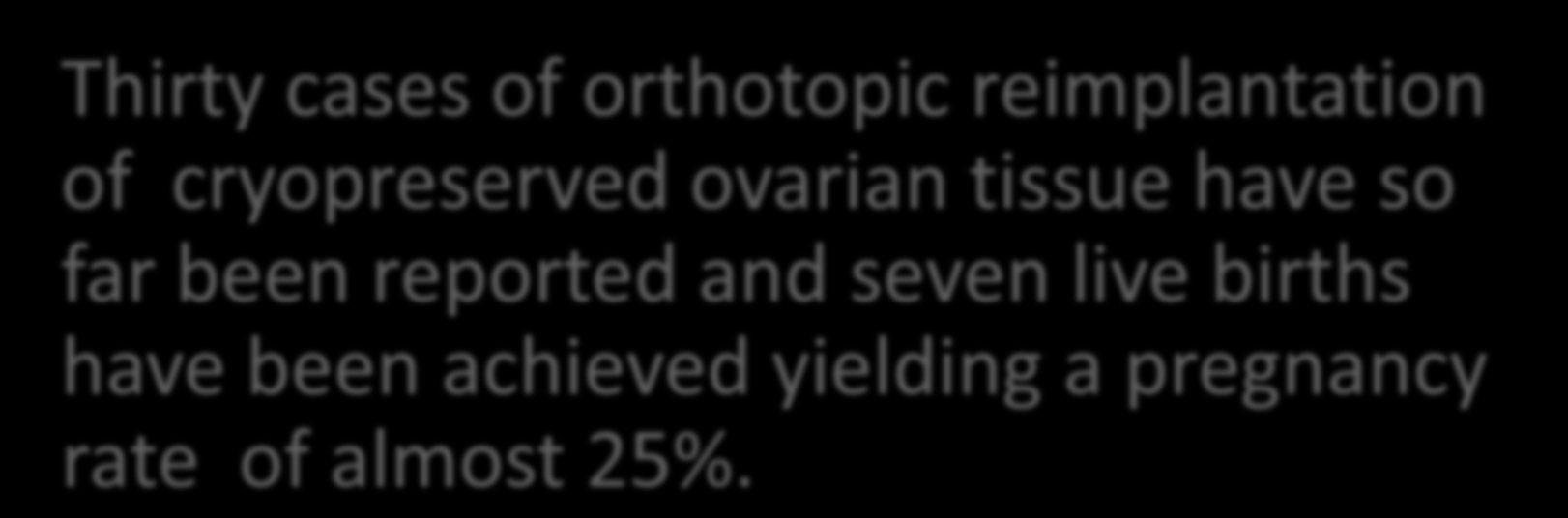 Thirty cases of orthotopic reimplantation of cryopreserved ovarian tissue have so far been reported and seven live