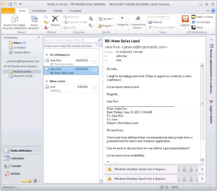 Schermata 3: Office 2010: Messaggi nella posta in arrivo di GFI MailArchiver Outlook Connector 2.2.2 Cerca GFI MailArchiver Outlook Connector consente all utente di cercare i messaggi nella cassetta postale dei messaggi archiviati.