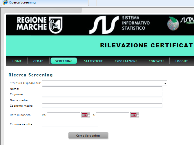 andando a ricercare precedenti registrazioni con il RICERCA SCREENING Qui si può procedere in più modi: - Inserendo i dati del neonato oppure quelli della madre o ancora quelli della struttura e/o,