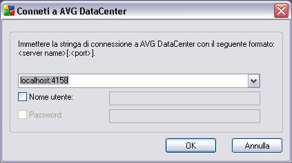 La struttura della stringa di comunicazione generale è http://server_address:port, dove: server_address è il nome/indirizzo di un server che esegue AVG Admin Server port è il numero di porta di AVG