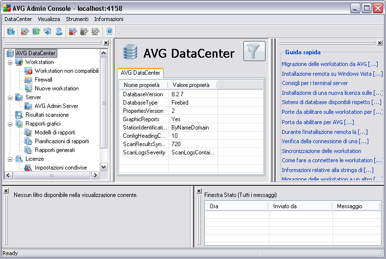 Nella struttura di esplorazione sono disponibili gli insiemi seguenti: Workstation Server Risultati scansione Rapporti grafici Licenze È possibile trovare descrizioni dei singoli elementi nei