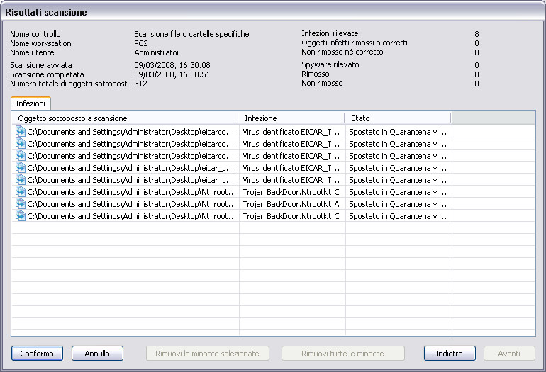 visualizzata una nuova finestra. In base ai virus rilevati, è possibile che vengano visualizzate più schede.