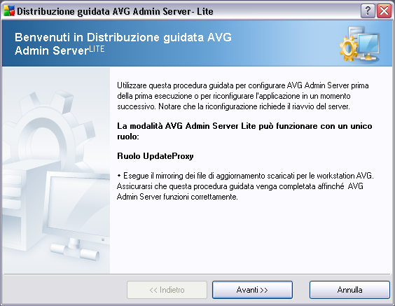 8.1. Distribuzione guidata di AVG Admin Lite Nella prima finestra di dialogo è descritto lo scopo della procedura guidata.