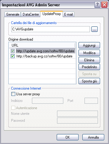 10.3.3.Scheda UpdateProxy In questa scheda sono disponibili le opzioni seguenti: Cartella dei file di aggiornamento: immettere il percorso completo (ad esempio c:\avgupdate) della directory, in cui