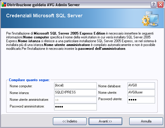 Se nella precedente finestra di dialogo è stata selezionata l'opzione Nuova installazione di SQL Server 2005 Express Edition, verrà richiesto di fornire le seguenti informazioni: Nome computer: