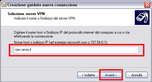 Selezionare Connessione VPN e premere il pulsante Avanti. Assegnare un nome alla connessione della propria rete virtuale (es.