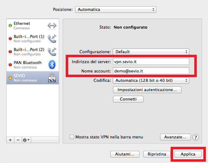 Inserire come indirizzo del server vpn.sevio.it e come Nome account quello scelto per il proprio account Sevio, infine confermare premendo Applica.