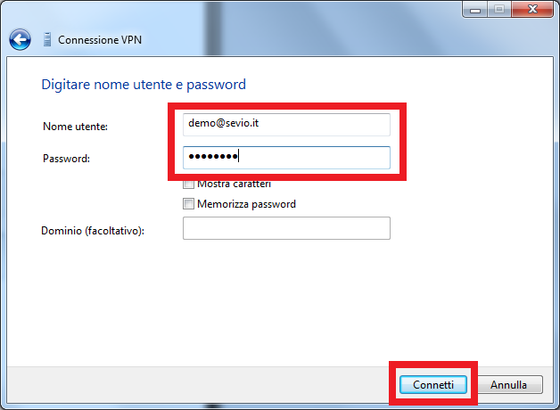 1.2 Windows 7 Fare clic sul pulsante Start, digitare nella casella di ricerca VPN e confermare premendo Invio. Inserire come Indirizzo Internet vpn.sevio.