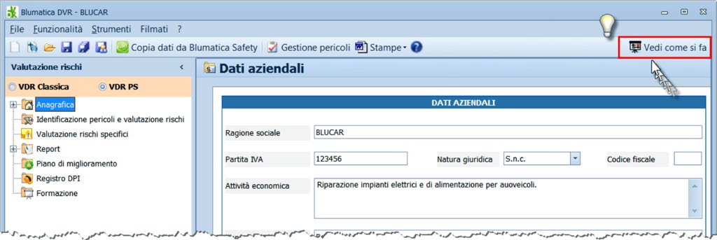 2. Guida Blumatica DVR-PS Definita la metodologia si può intraprendere la fase di valutazione seguendo passo dopo passo le funzioni dei menu nell ordine in cui sono posizionate, iniziando dai dati