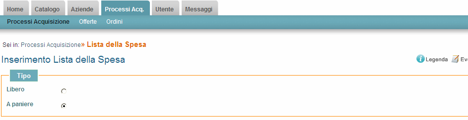 Scelta del tipo di processo, in questo caso a paniere Libero: possibilità d acquisto di singoli prodotti