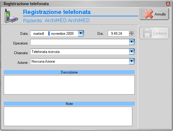 Pag. 39 figura 5.28 Compilare tutte le opzioni di vostro interesse quindi fare click sul pulsante Conferma. Questa funzione è fondamentale per la corretta gestione dei contatti con il paziente.