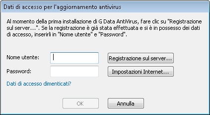 Al primo avvio 2 Per ricevere i dati di accesso, fare clic sul pulsante Registrazione sul server.