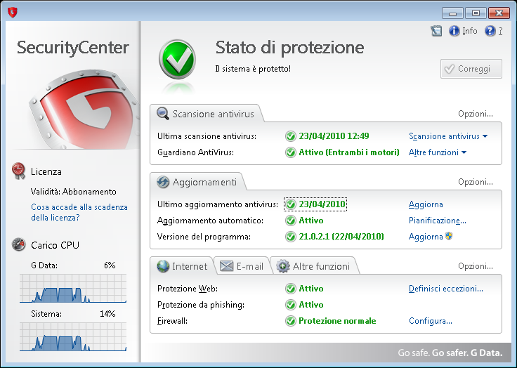 SecurityCenter Dopo l'installazione del software G Data, la protezione antivirus funziona in automatico.