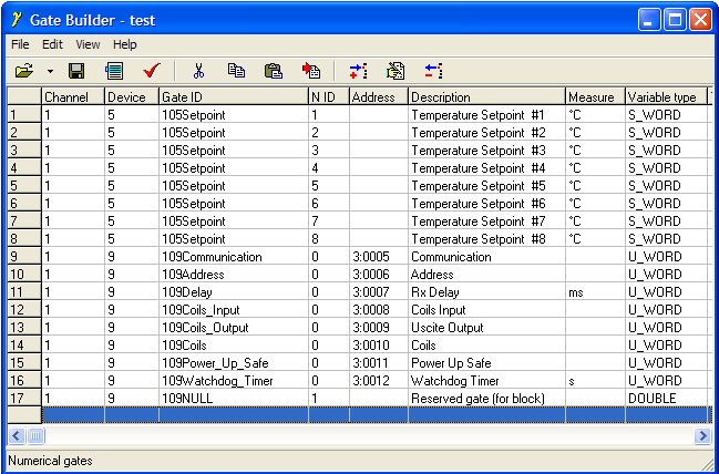 Configurazione variabile numerica 105Setpoint 1 scheda Valore/Value Una volta definita la variabile 105Setpoint 1 copiare e incollare 7 volte nel Gate Builder la riga di database relativa a questa