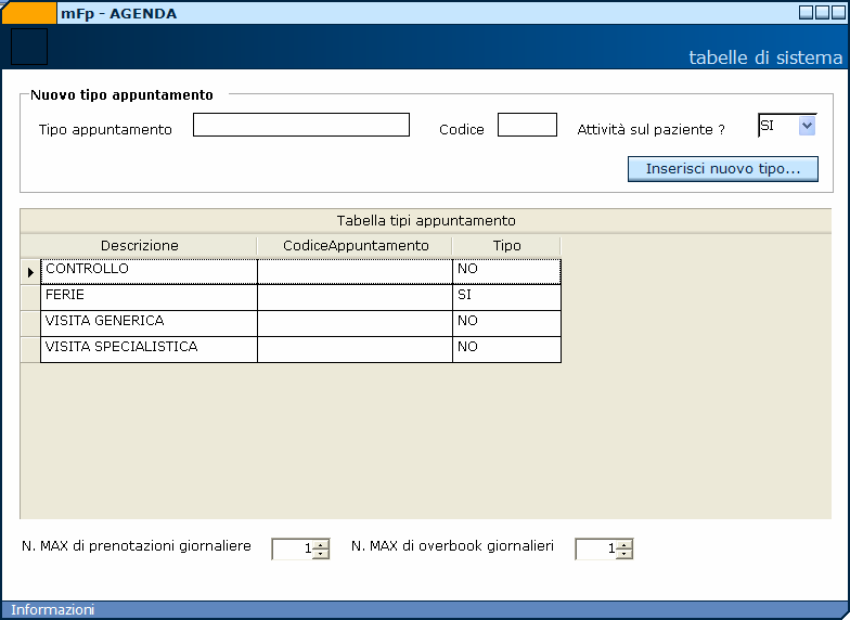 UTILITY DI SISTEMA In questa maschera si personalizza l applicativo AGENDA. Si possono aggiungere i vari motivi per giustificare l appuntamento OCCUPATO.